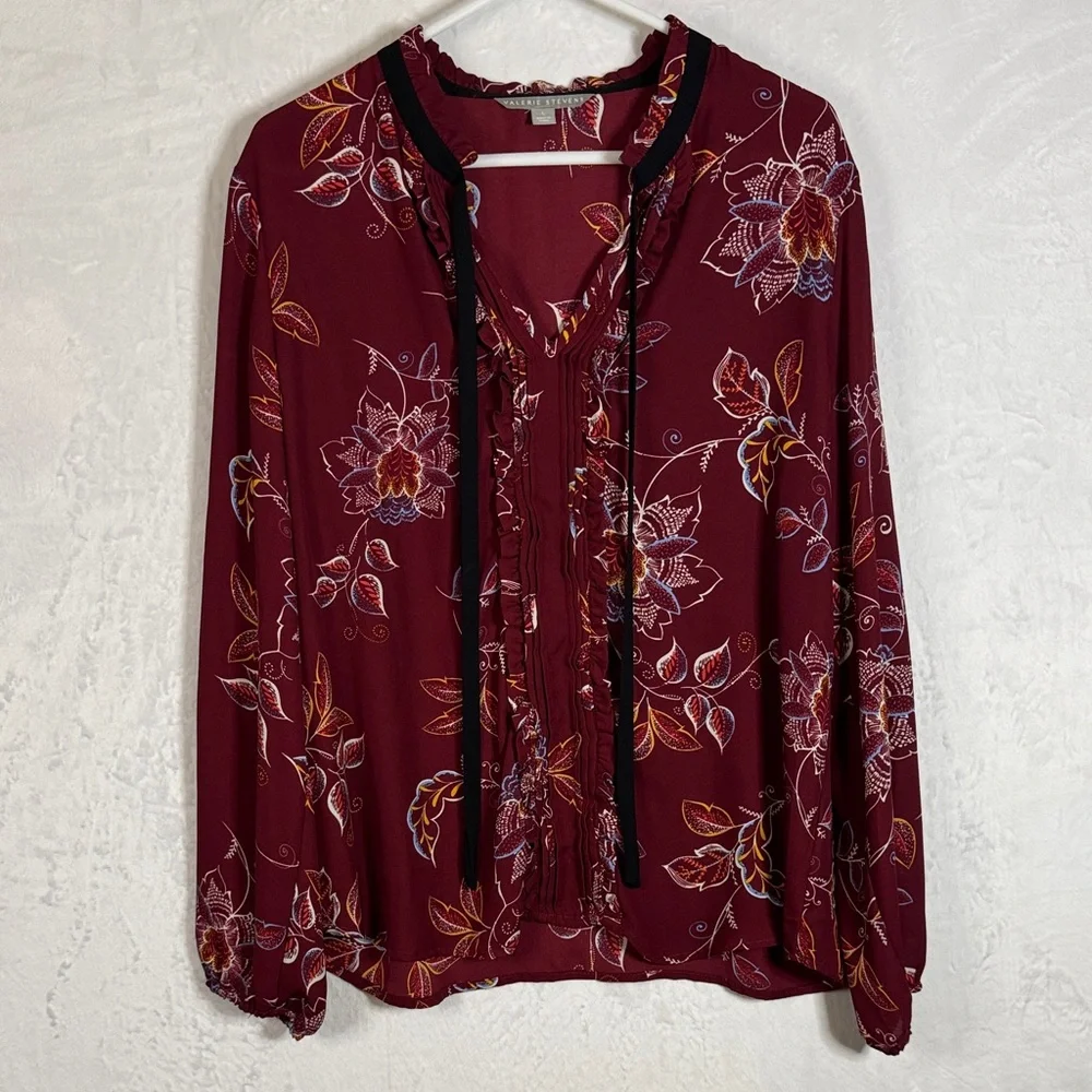 Valerie Stevens Semi Sheer Floral Burgundy Blouse Large